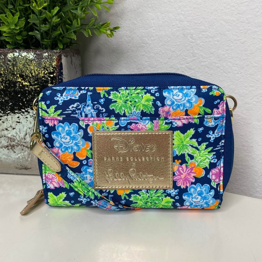 Disney Parks x Lilly Pulitzer Mickey Floral Crossbody Wallet Bag Blue Gold